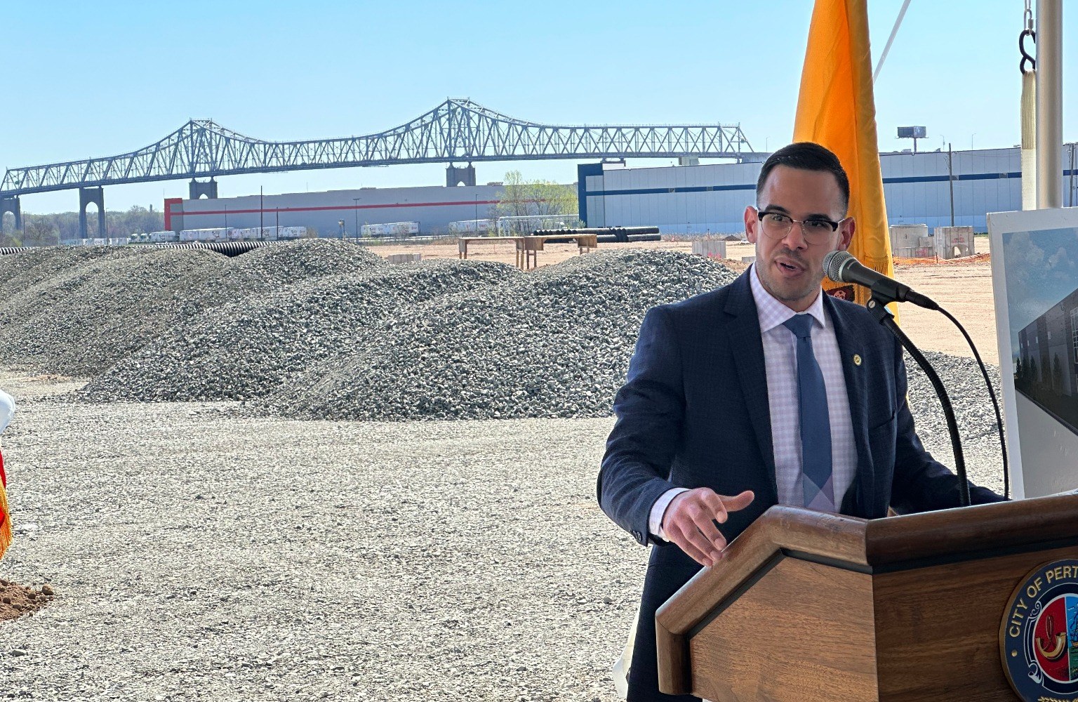 Joel Rosa speaking at a Perth Amboy redevelopment project site